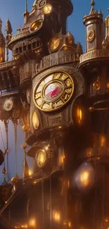 Steampunk clock tower with glowing details in a fantasy setting.