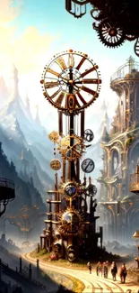 Steampunk clock tower in a fantasy landscape with intricate details.