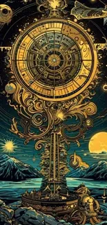 Steampunk fantasy clock art with celestial elements.