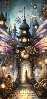 Steampunk fantasy art with gears and wings.