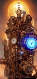 Steampunk clockwork design with glowing blue accents.