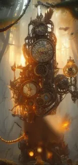 Steampunk tower in enchanted forest with clockwork details.