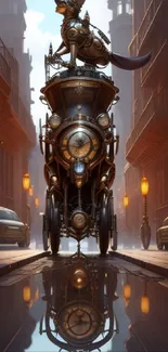 Steampunk carriage in copper tones with clockwork elements on a misty street.