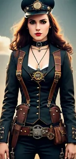 Steampunk fantasy woman in costume with cloudy sky backdrop.