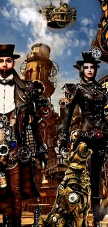 Steampunk characters with gear elements and airship.