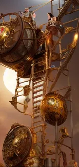 Steampunk-themed mobile wallpaper featuring detailed golden gears and celestial elements.