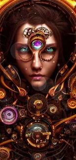 Steampunk fantasy wallpaper with gears and human face.