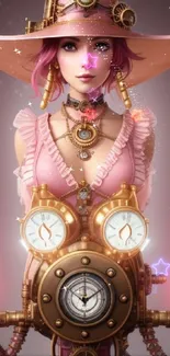 Steampunk fantasy character in pink with mechanical elements and glowing lights.