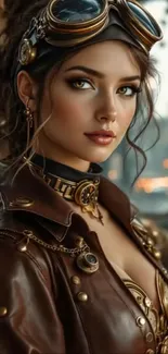 Steampunk fantasy portrait of a woman in brown leather with goggles.