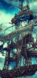 Intricate steampunk ship floating in surreal sky scenery.