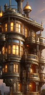 Steampunk tower with glowing windows at sunset in a fantasy setting.