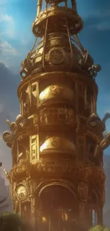 Intricate steampunk tower against an ethereal sky on a mobile wallpaper.