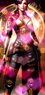 Steampunk warrior with hearts in pink tones.