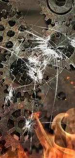 Steampunk gears surrounded by fire with broken glass effect.