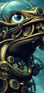 Steampunk fish with gears and cogs on a teal background.