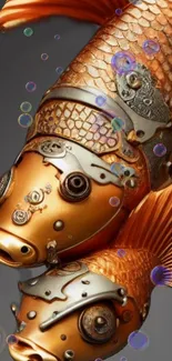 Steampunk fish with metallic details and orange hues for mobile wallpaper.