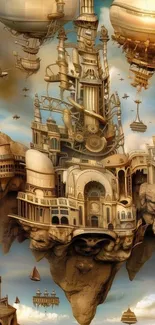 Steampunk city with floating airships art illustration.