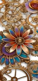 Steampunk flower and gear design wallpaper.
