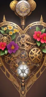 Steampunk heart with vibrant flowers and gears in decorative art design.