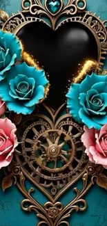 Steampunk heart design with roses and gears on wallpaper