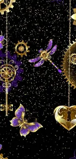 Steampunk floral mobile wallpaper with gold and purple details.