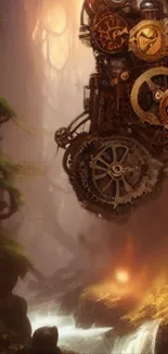 Steampunk-themed forest with gears and waterfall.