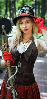 Steampunk woman in a forest with unique attire holding a tool.