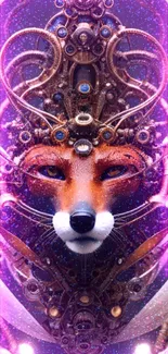 Steampunk-inspired fox with cyber elements in a digital artwork background.