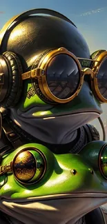 Futuristic steampunk frog with goggles in a vibrant fantasy setting.