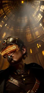 Steampunk-themed futuristic wallpaper with golden lighting.