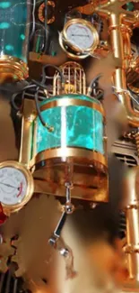 Steampunk gadget art wallpaper with copper tones and glowing elements.