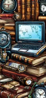 Vintage library scene with laptop and books