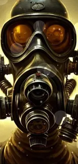 Steampunk gas mask with golden glow and mechanical details.