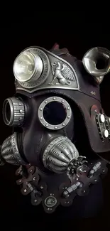 Steampunk gas mask artwork with intricate metal design on a dark background.