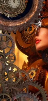 Steampunk theme with gears and clock, displaying industrial vintage art.