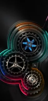 Steampunk gear art with neon colors on a dark background.