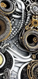 Intricate steampunk gears with metallic colors on a mobile wallpaper.