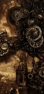 Intricate steampunk cityscape with gears and bronze tones.