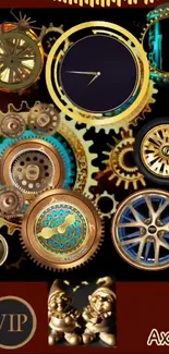 Steampunk wallpaper with gears and clocks in brown tones.