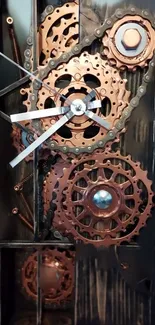 Steampunk clock with gears in a wooden frame, adding industrial elegance.