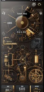 Intricate steampunk wallpaper with gears and clock elements in dark brown tones.