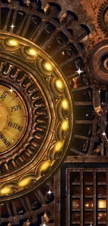 Steampunk gear clock with metallic details and futuristic elements.