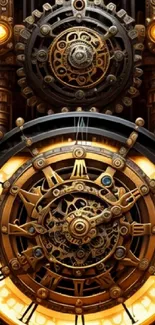 Steampunk gear clock wallpaper with vintage brass design and intricate mechanical details.