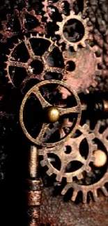 Steampunk wallpaper with intricate metallic gears in copper brown tones.