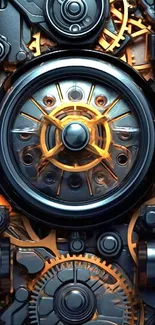 Intricate steampunk gear design with metallic and orange hues for mobile wallpaper.