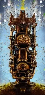 Steampunk gear explosion art with a vibrant cosmic backdrop.