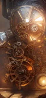 Intricate steampunk gear design with warm metallic tones on mobile wallpaper.