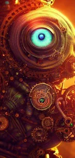 Steampunk-themed wallpaper with glowing mechanical eye.