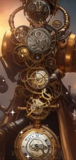 Steampunk fantasy art with intricate bronze gears and machinery.