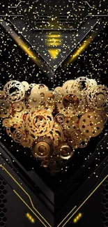 Steampunk heart made of golden gears on a black background.